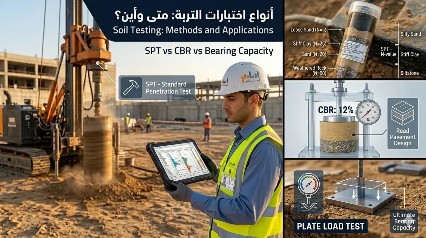 SPT أم CBR أم Plate Load؟ خريطة اختيار اختبار التربة المناسب لمشروعك
