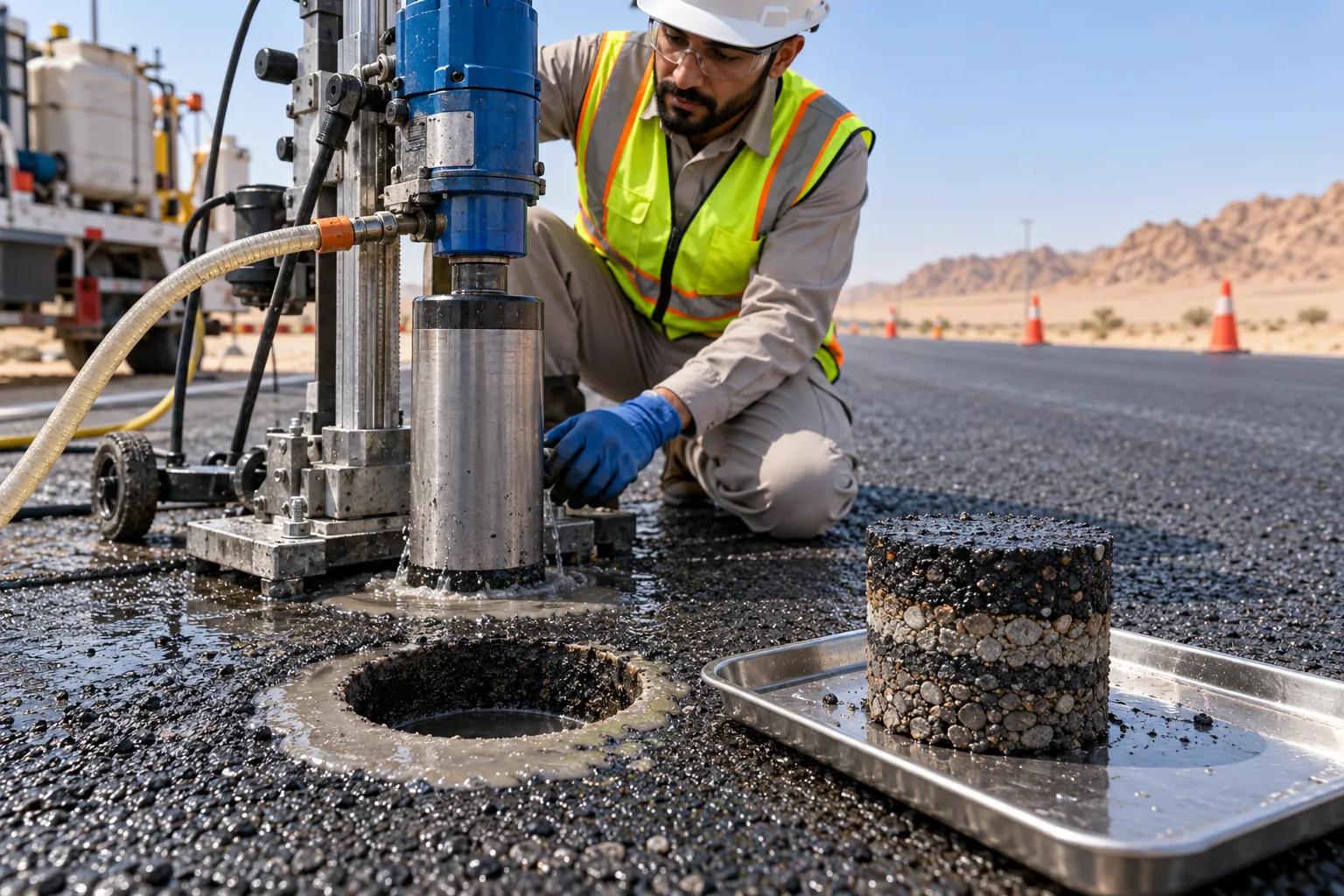 Asphalt core sample used to measure density after compaction