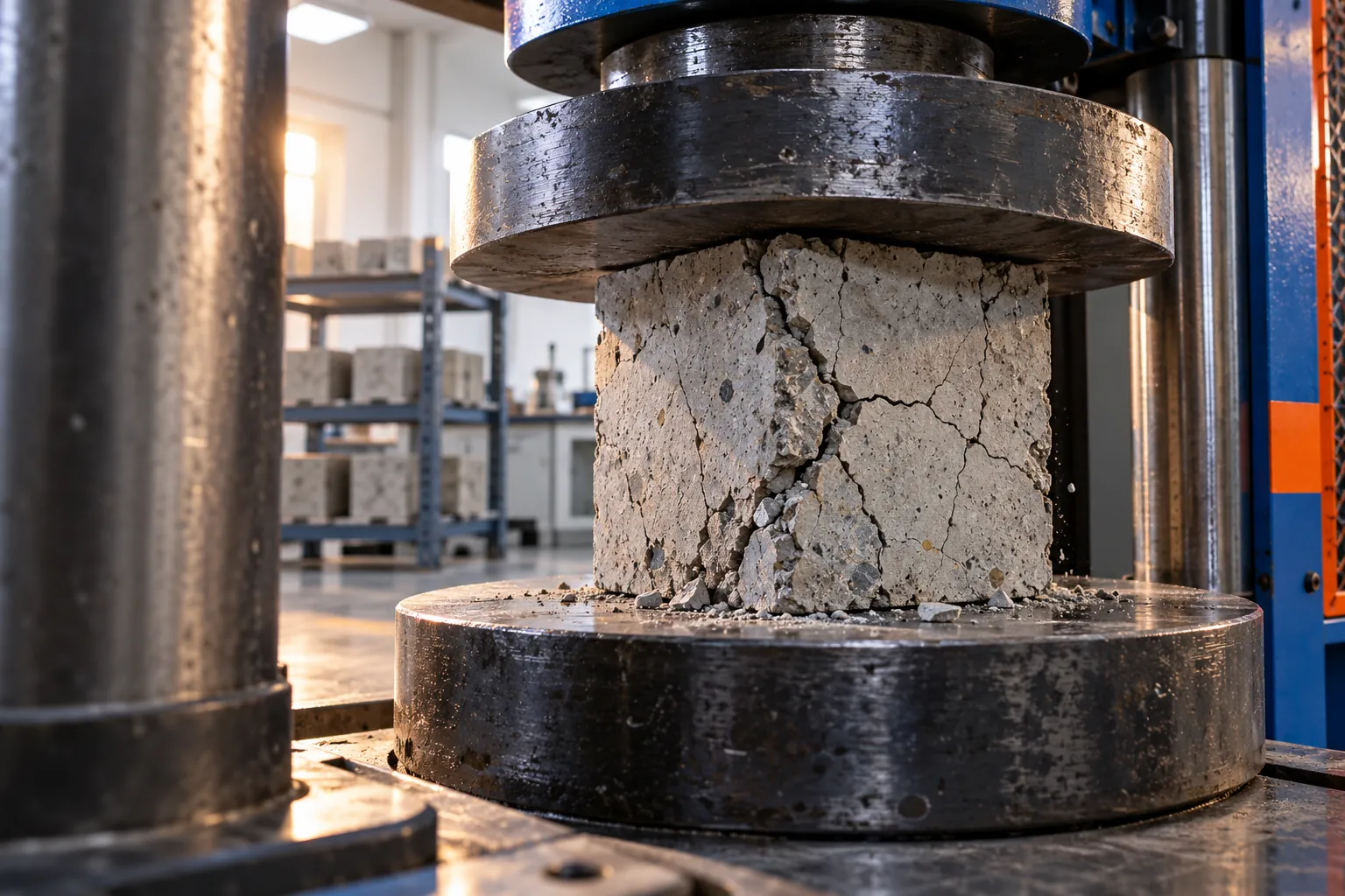 Concrete cube compressive-strength test in a concrete laboratory