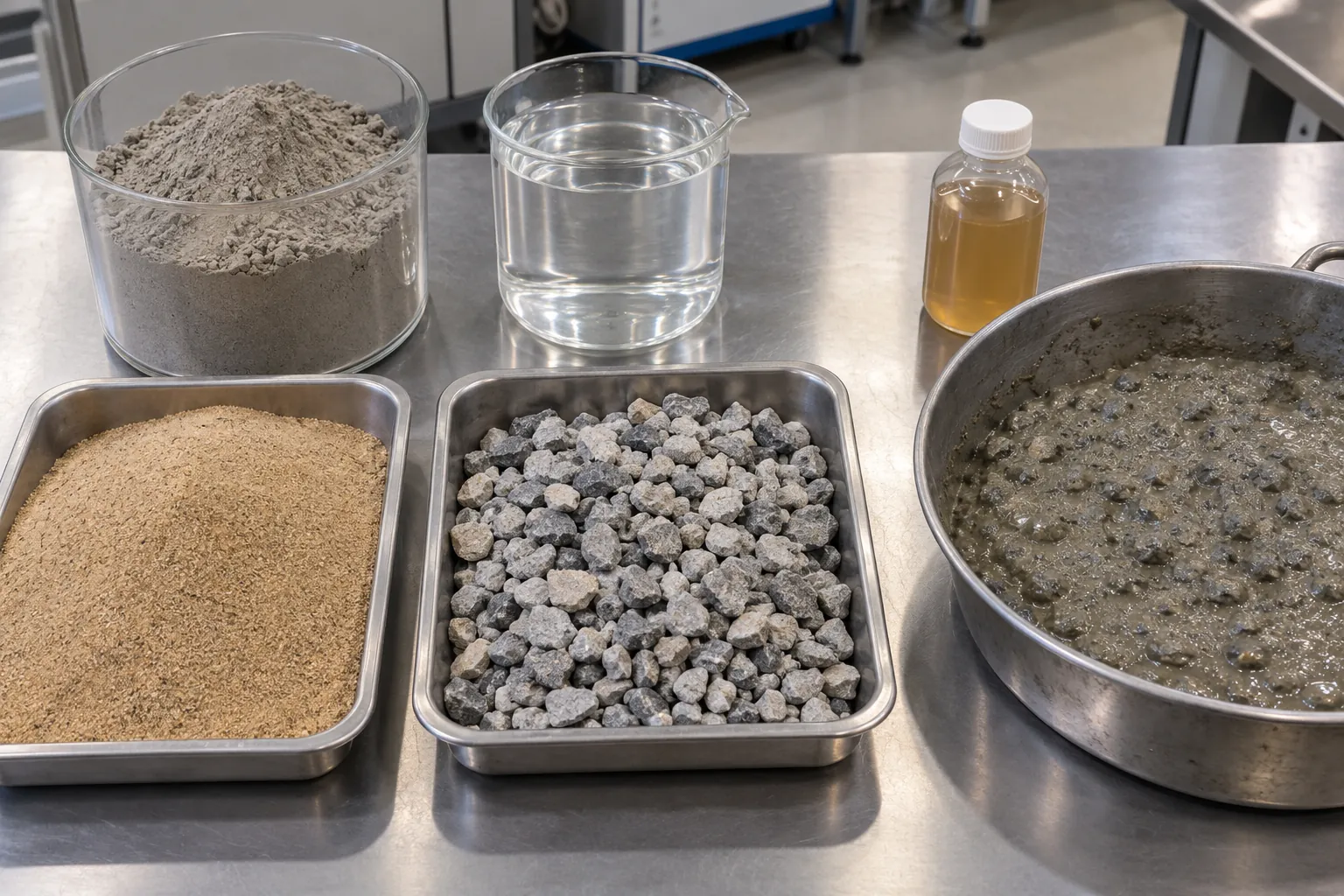 Concrete components including cement, sand, and aggregate