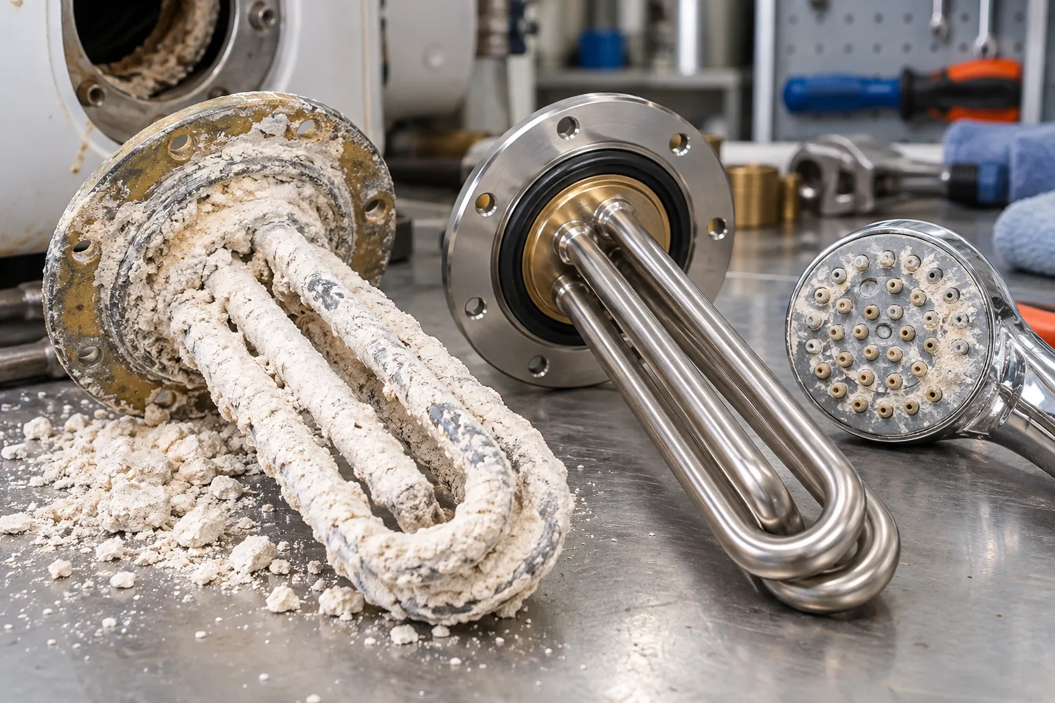 Limescale on a hotel water-heater element and a clogged shower head caused by water hardness