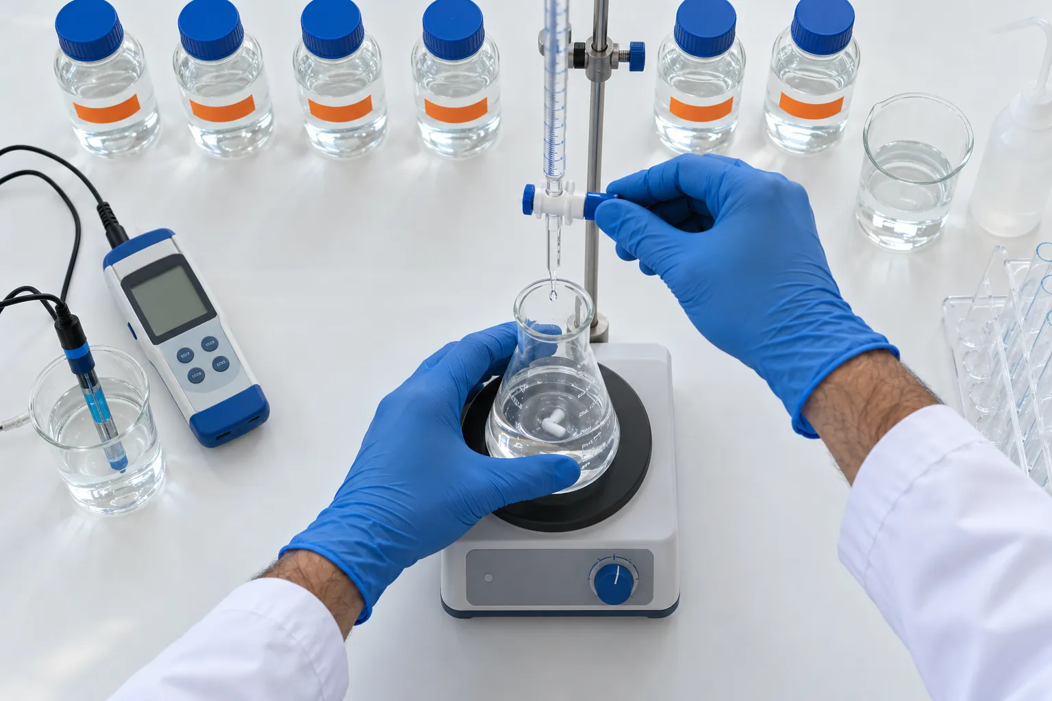 Laboratory technician testing water samples collected from a hotel water system